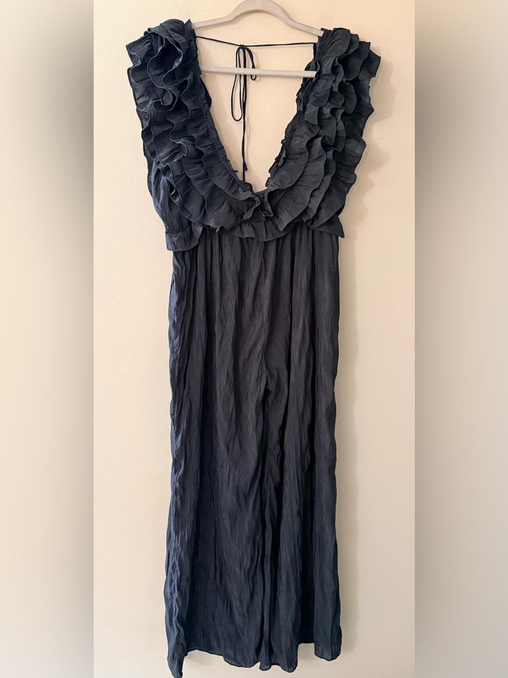 Storia Navy Strapless Ruffle Jumpsuit, Adjustable Tie Back, size XL